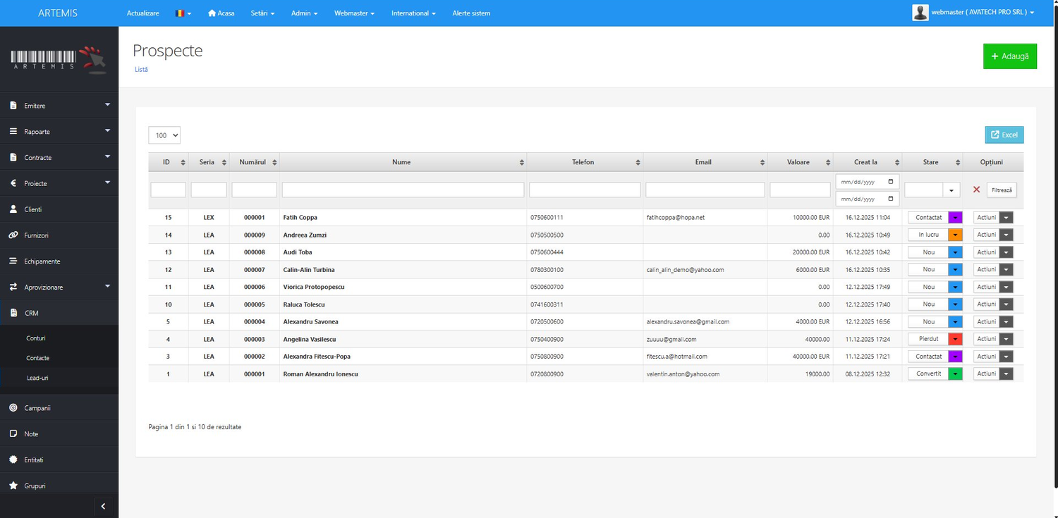 ARTEMIS — modul CRM cu lista de lead-uri